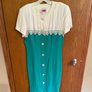 White / Turquoise button down cap sleeve dress with pearl buttons and lace trim